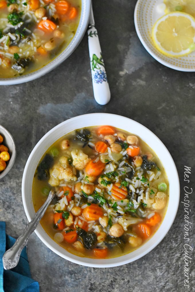 Soupe de chou Kale, et riz sauvage aux pois chiche rôtis