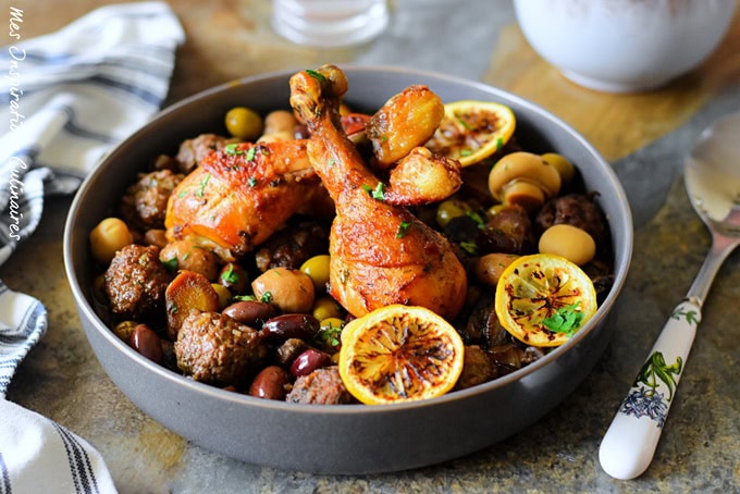 Recette Poulet aux olives, champignons et viande hachée