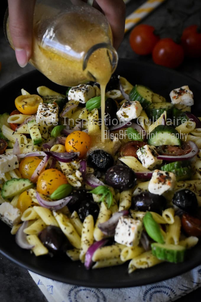 Salade de penne à la grecque feta et olive kalamata